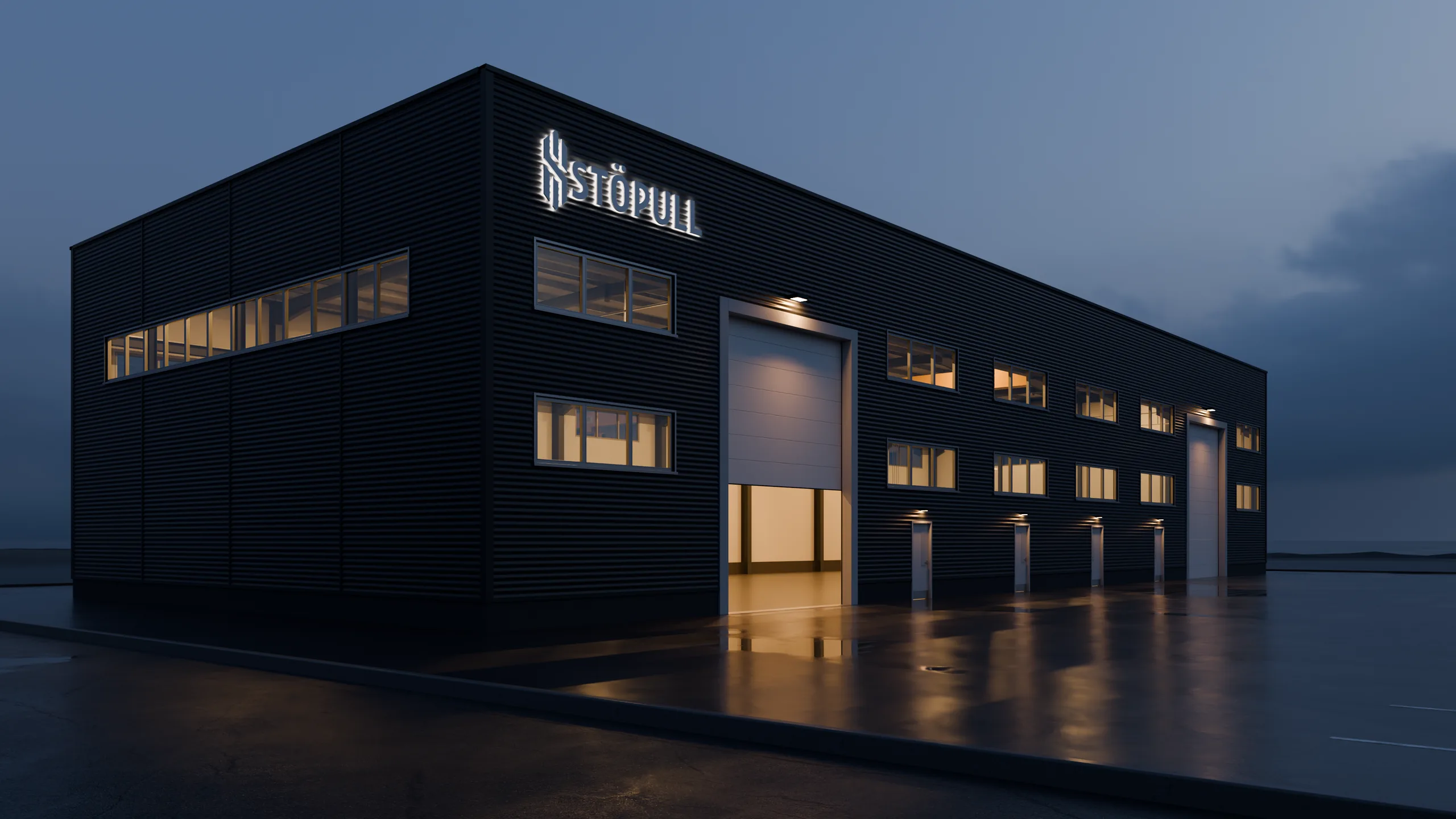 Tölvugerð mynd af nýja 1.000 m² stálgrindarhúsinu í Þorlákshöfn í ljósaskiptunum, ljós í gluggum og skilti Stöpuls upplýst
